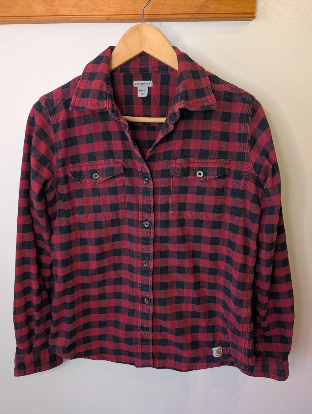Carhartt Red Burgundy Black Buffalo Plaid Flannel Button Down Shirt M Womens